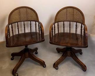 Vintage Oak Cane Swivel Desk Chairs Pair