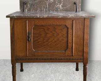 Antique FrenchStyle Oak Washstand with Marble Top Backsplash