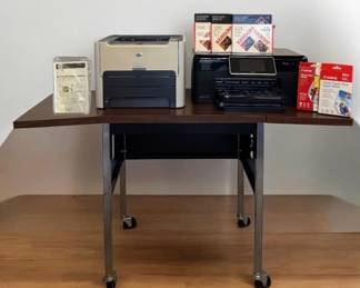 Dual HP Printers with Portable Rolling Metal Office Stand