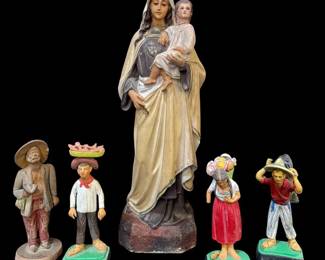 Vintage Our Lady of Mount Carmel 13 Statue Assorted Mexican Clay Folk Art Figurines