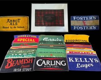 Huge Vintage Breweriana Bar Towel Collection Featuring Framed Scotland Memorabilia, Irish Stouts,