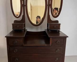 Antique Edwardian Mahogany Inlaid TripleMirror Dressing Table Vanity