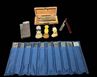 Estate Lot of Vintage Straight Razors, Brushes, Barber Collectibles
