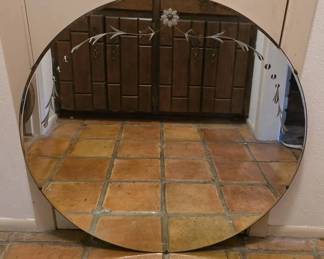 Large 30 Vintage Art Deco Mirror, Etched Floral Beveled Edge