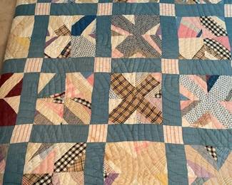 Antique Vintage Handmade "Jacob's Ladder" Blue Patchwork Quilt, 100-150 Years Old