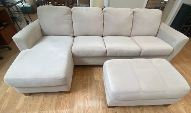 PERFECT CONDITION! Chaise Sectional Sofa, Cream Color Chanille, High Back for Comfort, w/Ottoman