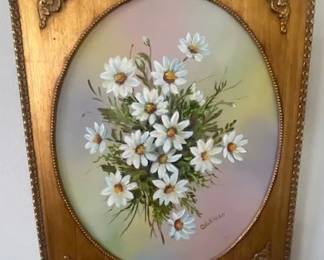 White Daisies, Vintage Painting in Gold Gilded Ornate Wood Frame, MCM Collectible by Artist Coleman
