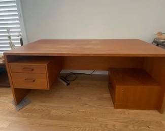 Teak Veneer Executive Desk, Vintage Scandinavian MCM, Modular Drawer Units, 70"W x 34"D x 28"H, Drawers 18"W x 20"D x 28"T
