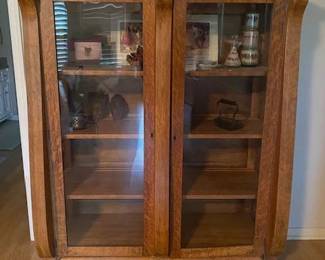 1900's Antique Display Hutch, American Made Glazed Oak Empire Design , Scroll Feet, 44"W x 18"D x 37"H