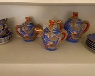 Japanese Tea Set - Vintage Dragonware, Cobalt Blue, Raised Relief Dragon, Kutani Moriage Technique, Post WWII "Occupied Japan Era 1940's