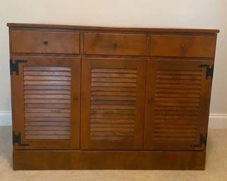 Ethan Allen Vintage Maple Wood Cabinet, Tambour Doors, 3 Drawers, 40"W x 18"D x 30"H 