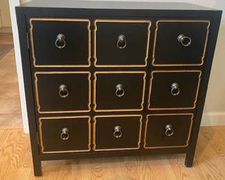 Dorothy Draper Espana Chest Replica, Black Wood w/Gold Trim, MCM, Cabinet w/Shelves, 3 Drawers, 34"W x 15"D x 34H