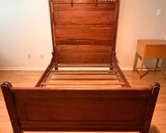 Antique Monumental Victorian Style Bed, 100+ Years Old, HB/FB Solid Wood, Side Rails, 4 Wooden Slats, Bed Length 75", HB 55"W x 66"H, FB 55"W x 32"H