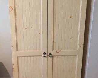 Armoire, Distressed Natural Pine Wood, Bead Board Detail on Doors, Top Crown Molding, Bun  Feet
