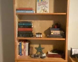 Pine Wood Bookshelf (2 Available) Light Honey Finish, 4 Open Shelves, Lower Storage Cabinet , 32"W x 12"D x 86"H Description