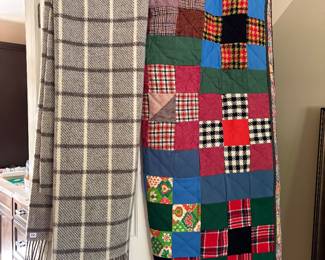 Hand made 60's patchwork quilt and English Woven wool throw