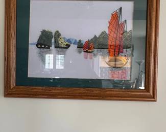 Vintage P. Wong Chinese Ship at Sea Oil Painting