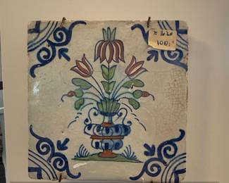 th Century Dutch Delftware Tile with Floral Motif and Scrollwork Border