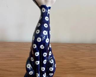 Polish Pottery Cat Figurine with Blue and White Polka Dots