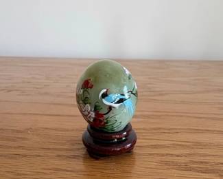 HandPainted Stone Egg with Bird and Floral Motifs on Wooden Stand