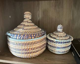 Set of Handwoven African Baskets with Lids Blue Natural