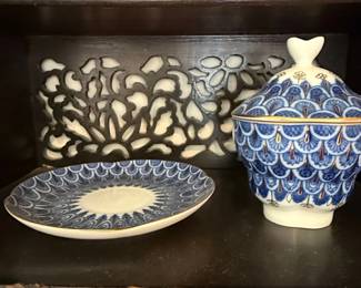 Imperial Porcelain Manufactory IPM Cobalt Net Pattern Lidded Bowl and Saucer