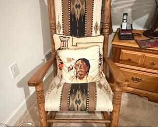 Old Hickory Style Wooden Rocking Chair with Geometric Pattern Upholstery