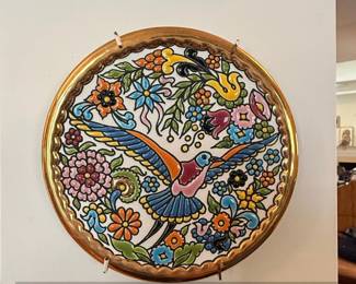Sevillarte Ceramic Plate with Bird and Floral Motif, k Gold Accents
