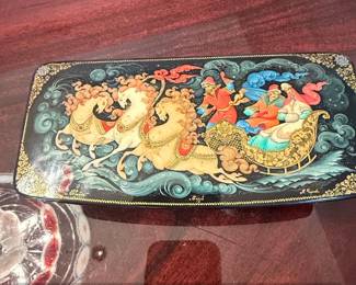 Palekh Russian Lacquer Box with Troika Sleigh Scene, Signed M. Ulanova