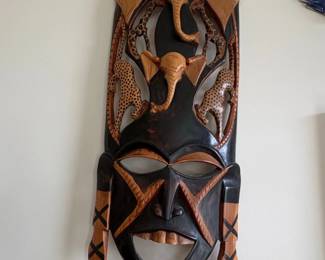 African Jambo Kenya Hand Carved Wood Mask with Elephants, Giraffes, and Leopards