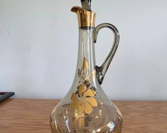 Vintage Smoky Grey Glass Decanter with Gold Overlay and Black Stopper
