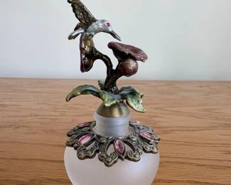 Frosted Glass Perfume Bottle with Hummingbird and Floral Embellishments