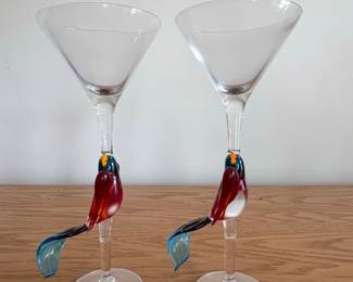 Art Glass Parrot Martini Glasses Set of