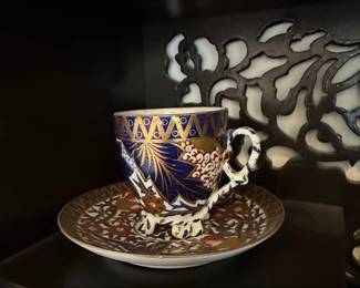 Lomonosov Porcelain Demitasse Cup and Saucer, Cobalt Blue and Gold Floral Pattern