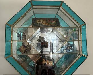 Octagonal Mirrored Display Cabinet with Blue Tinted Glass
