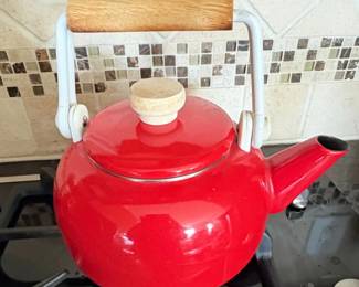 Red Enamel Tea Kettle with Wood Handle