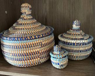 Set of Handwoven African Baskets with Lids Blue Natural second image