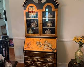 Chinoiserie Black Lacquer Secretary Desk with Display Cabinet