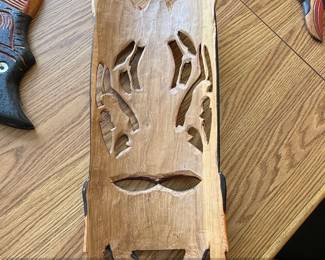 African Tribal Hand Carved Wood Mask with Elephants and Leopards second image