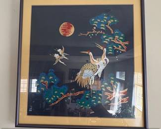 Framed Silk Embroidery of Cranes and Pine Tree