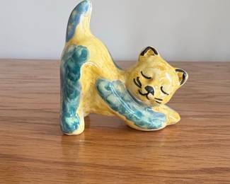 Yellow and Blue Glazed Ceramic Cat Figurine