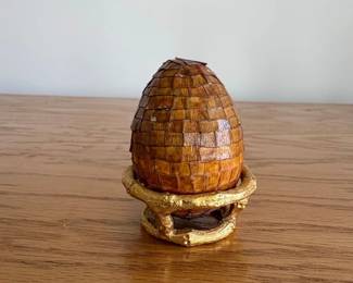Woven Natural Material Egg Figurine with GoldTone Branch Stand