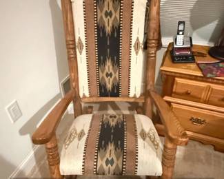 Old Hickory Style Wooden Rocking Chair with Geometric Pattern Upholstery second image