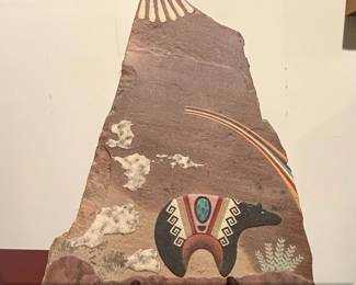 Native American Style Painted Stone Art Bear and Mountain Scene
