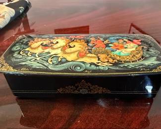 Palekh Russian Lacquer Box with Troika Sleigh Scene, Signed M. Ulanova second image