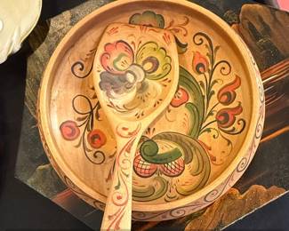 HandPainted Wooden Salad Bowl and Spoon Set