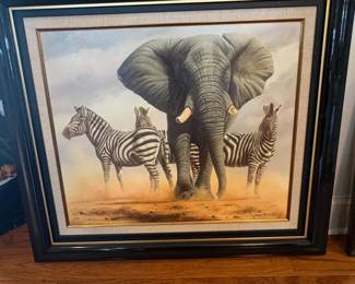African Wildlife Painting Elephant and Zebras by Andrew Bone