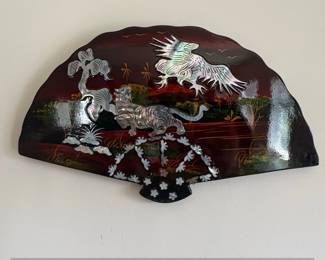 Vintage MCM Huge Chinese Paper Fan Hand Painted Tiger and Bird
