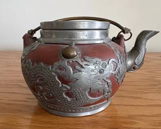 Enameled Metal Teapot with Dragon Motif and SilverTone Overlay