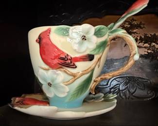 Franz Porcelain Cardinal and Dogwood Tea Cup with Saucer and Spoon